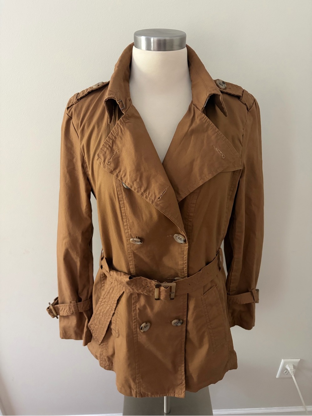 Stile Benetton Vintage Camel Double-Breasted Belted Trench Coat L Dark Academia - Picture 8 of 15